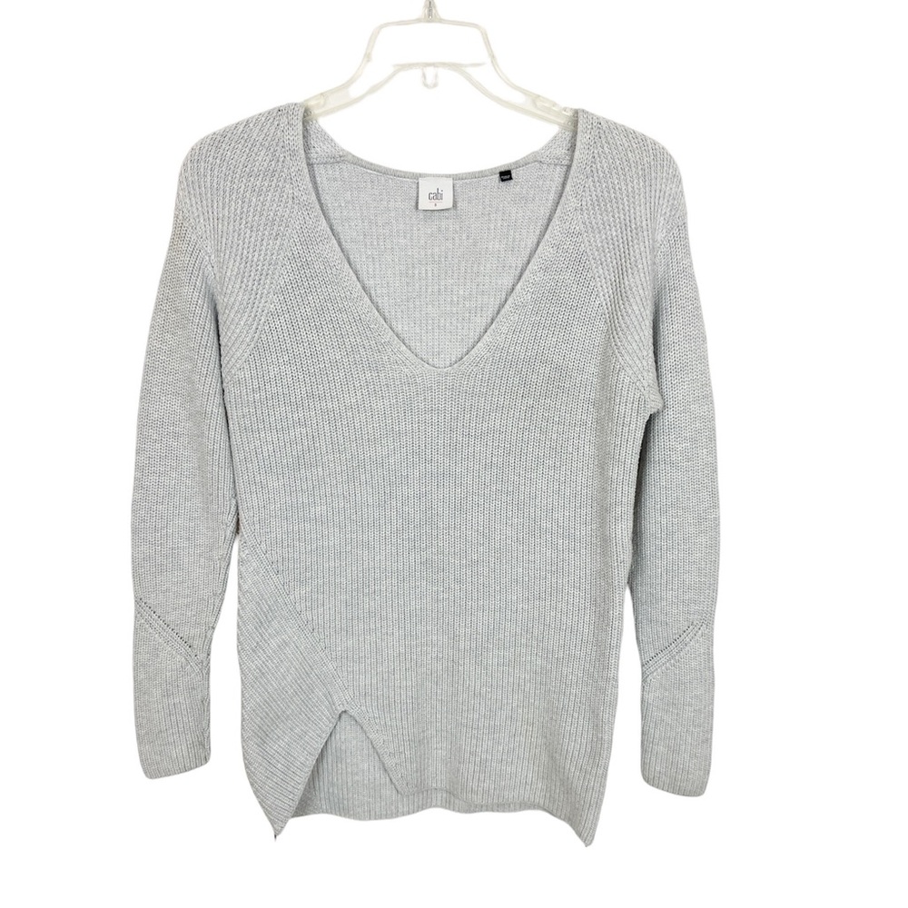 CABI Deep V-Neck Sweater Gray #3531 Size Small Pullover Ribbed Side-Zipper Hem - Picture 2 of 7